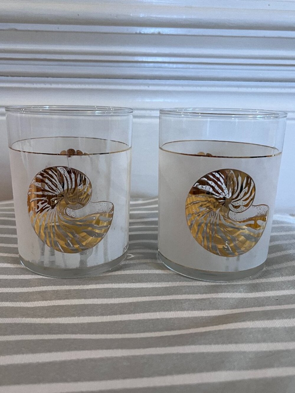 Vintage Culver Old Fashioned Glasses Gold Scallop Shell and Nautilus Snail shape